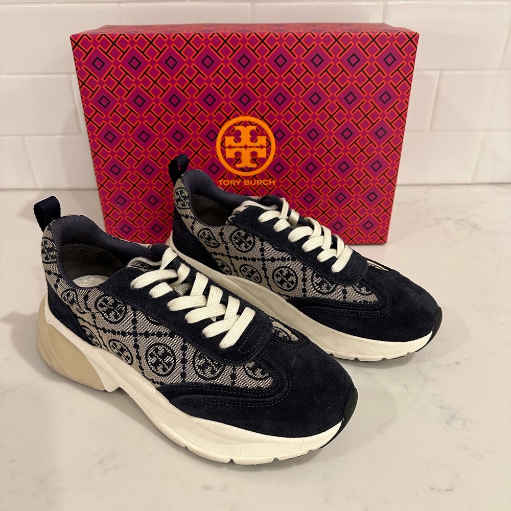 Tory Burch Navy T Monogram Good Luck Trainer 7.5